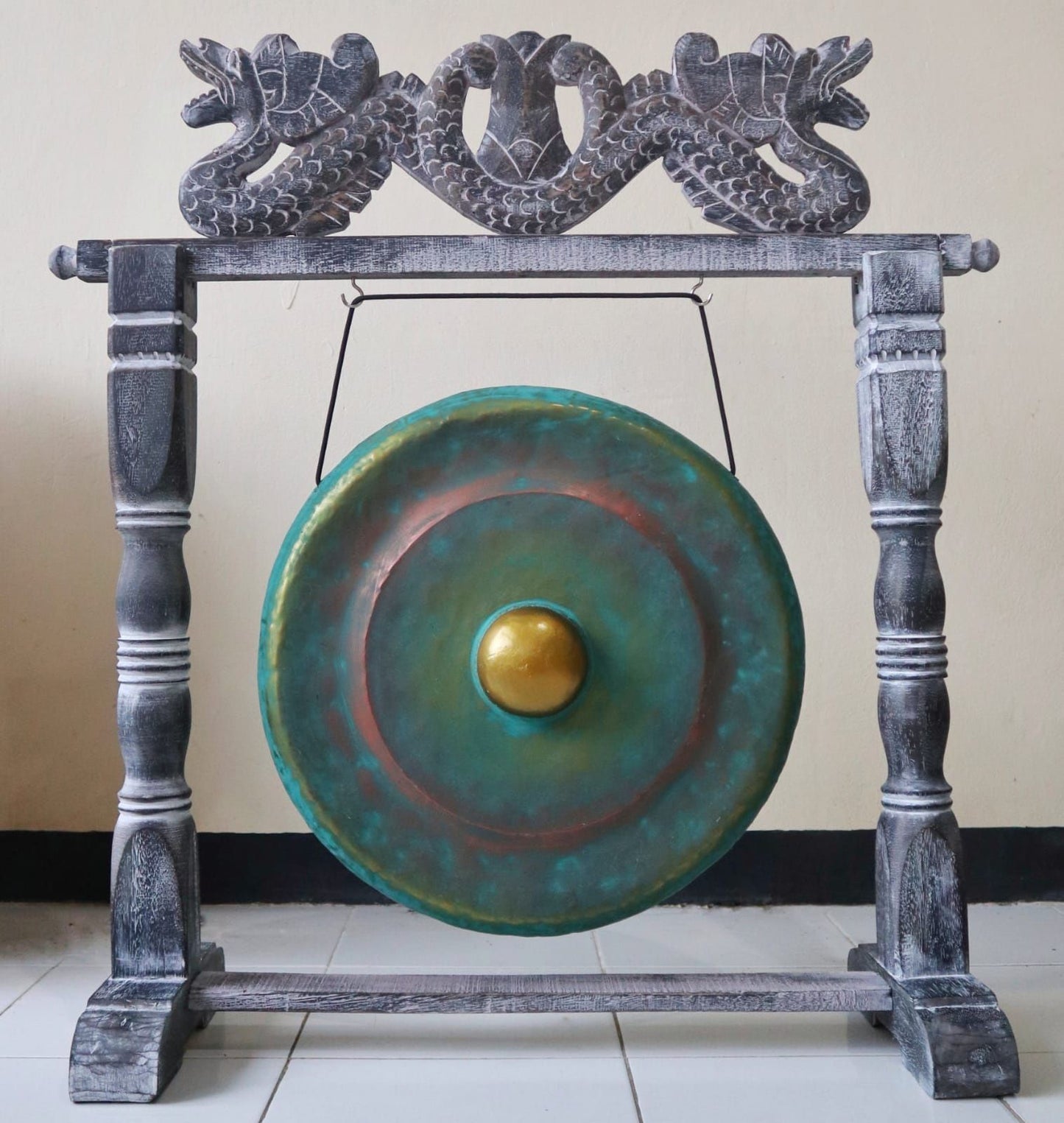 Albasia Wood Harmonizing Gong – 35CM Greenwash hanging on carved wooden stand with dragon top, greenwashed metal gong and center boss