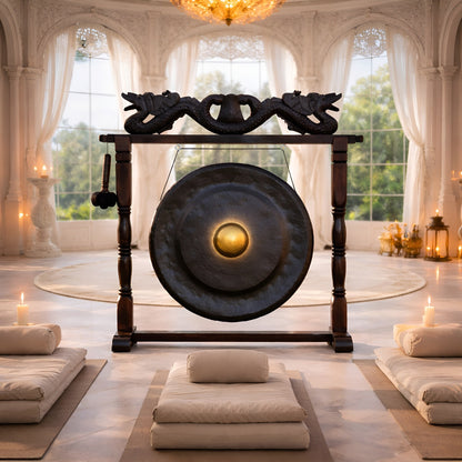 Alt Tag: Albasia Wood Harmonizing Gong – 80CM Black Stand on black carved frame in bright studio, large bronze gong with mallet