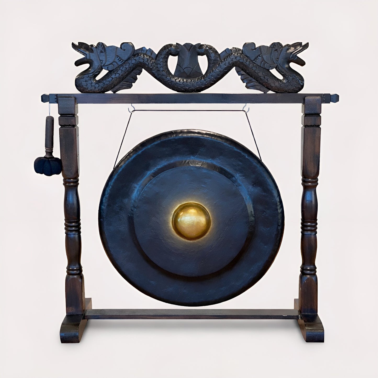 Alt Tag: Albasia Wood Harmonizing Gong – 80CM Black Stand, handmade Balinese gong with black carved wooden frame