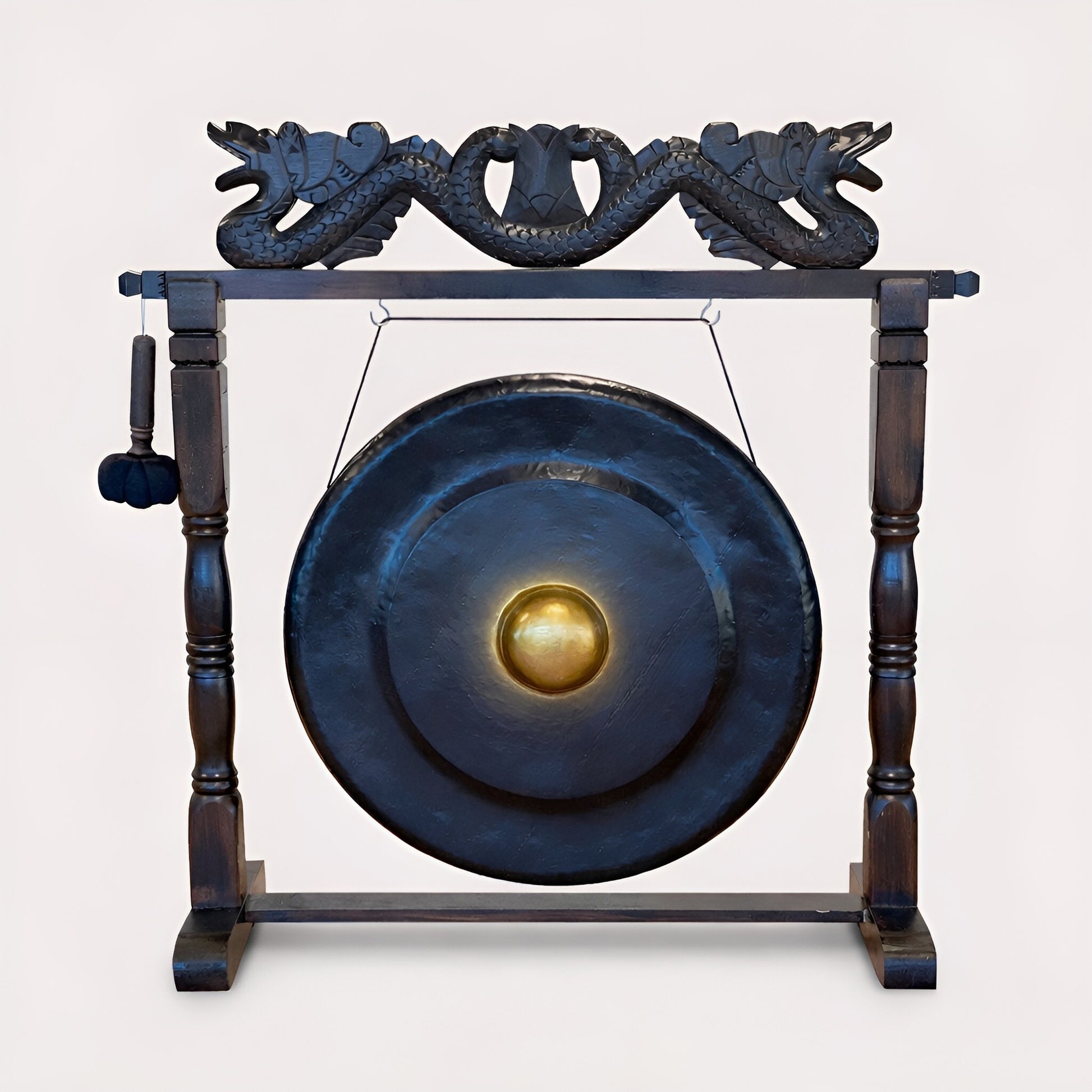 Alt Tag: Albasia Wood Harmonizing Gong – 80CM Black Stand, handmade Balinese gong with black carved wooden frame