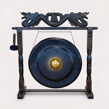 Alt Tag: Albasia Wood Harmonizing Gong – 80CM Black Stand, handmade Balinese gong with black carved wooden frame