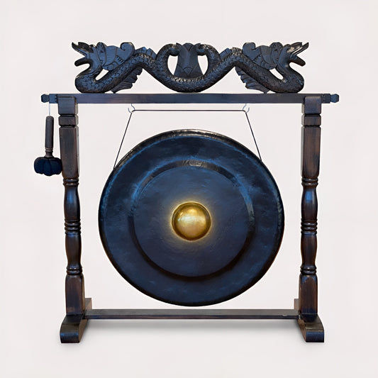 Alt Tag: Gong armonizador de madera de Albasia – soporte negro de 80CM, gong balinés hecho a mano con marco de madera tallada en negro