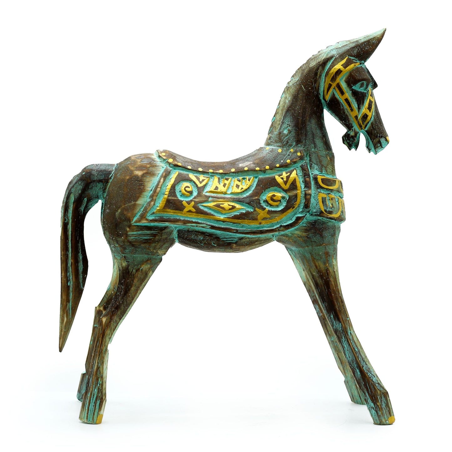 Alt Tag: Albasia Wood Horse Figure – 32 CM en madera tallada, figura de caballo decorativa con detalles dorados y turquesa