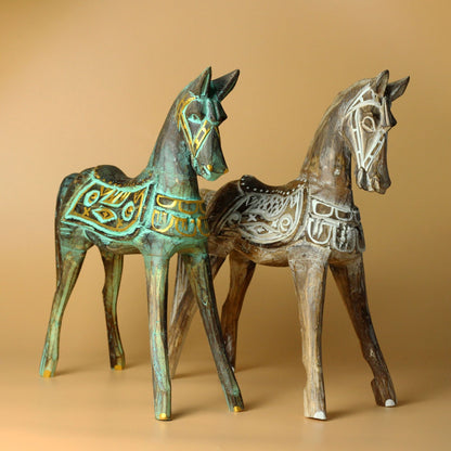 Albasia Wood Horse Figure – 32 CM, hand-carved Indonesian wooden horse figurines in gold and turquoise finish, decorative home accent