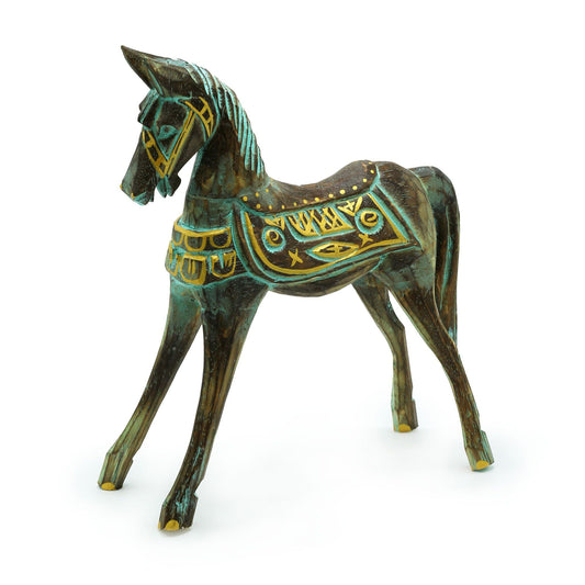 Alt Tag: Albasia Wood Horse Figure – 32 CM gold and turquoise carved wooden horse figurine, Indonesian Albasia wood decor