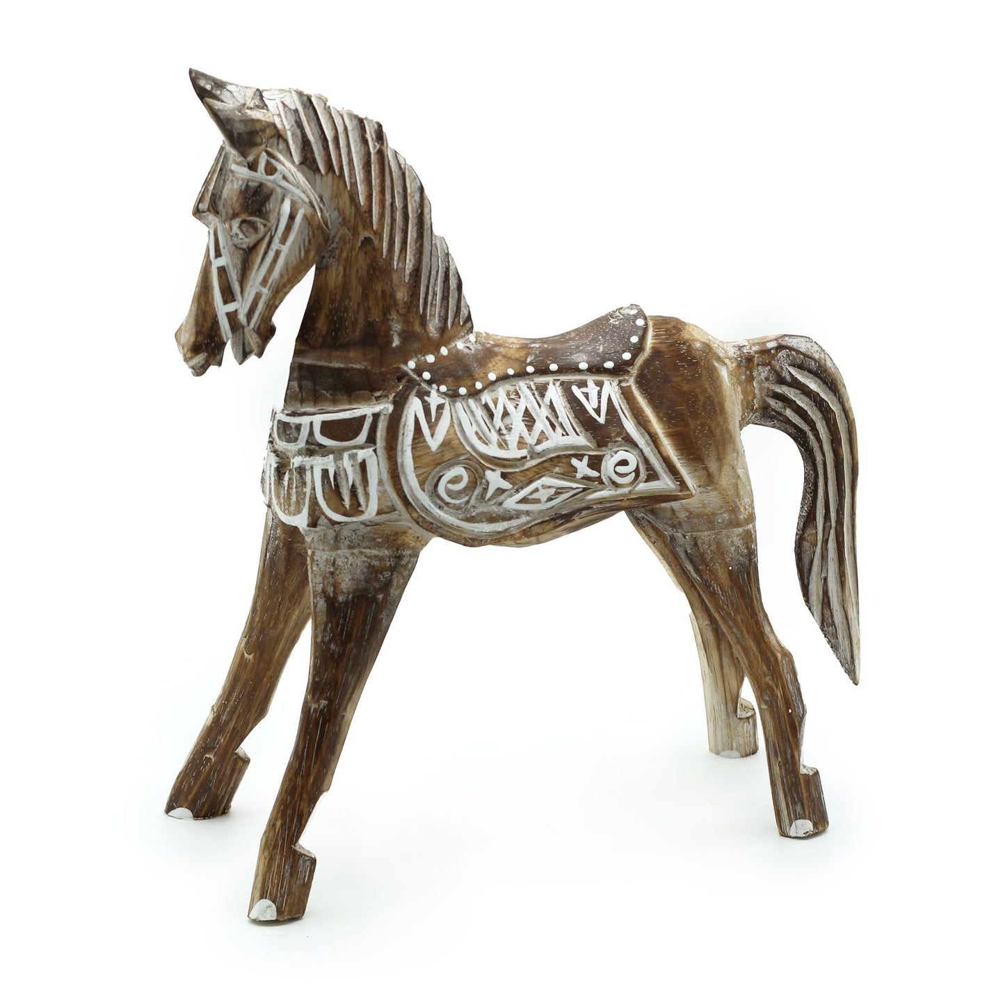Figura de caballo de madera de albasia – 32 CM Decoración vintage de caballo de madera tallada a mano, con detalles blancos grabados y pose de pie