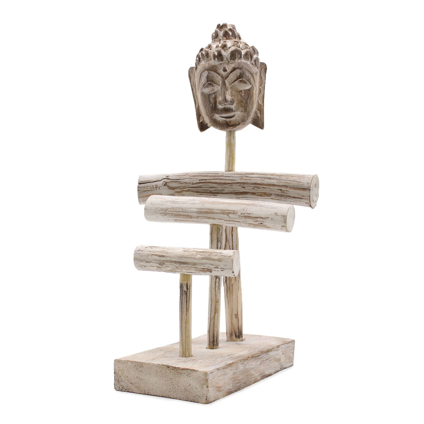 Albasia Wood Jewellery Stand – Whitewash 37 CM with three rustic branches and carved head top, whitewashed wood display stand