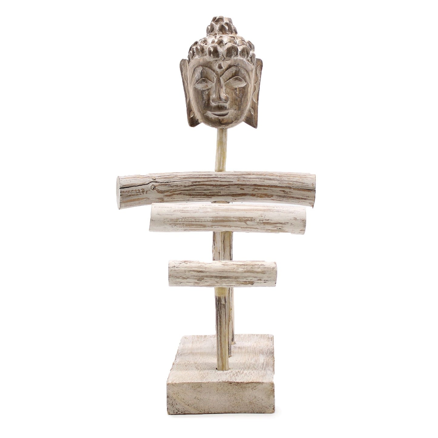 Albasia Wood Jewellery Stand – Whitewash 37 CM con busto tallado y tres ramas para colgar joyas, acabado blanco envejecido