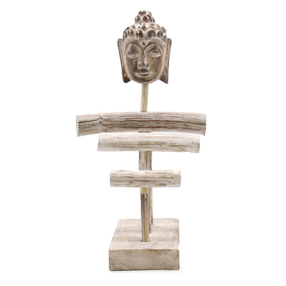 Albasia Wood Jewellery Stand – Whitewash 37 CM con busto tallado y tres ramas para colgar joyas, acabado blanco envejecido