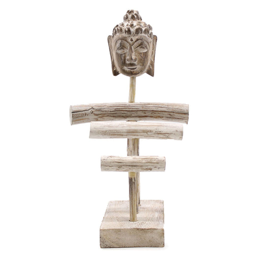 Albasia Wood Jewellery Stand – Whitewash 37 CM con busto tallado y tres ramas para colgar joyas, acabado blanco envejecido