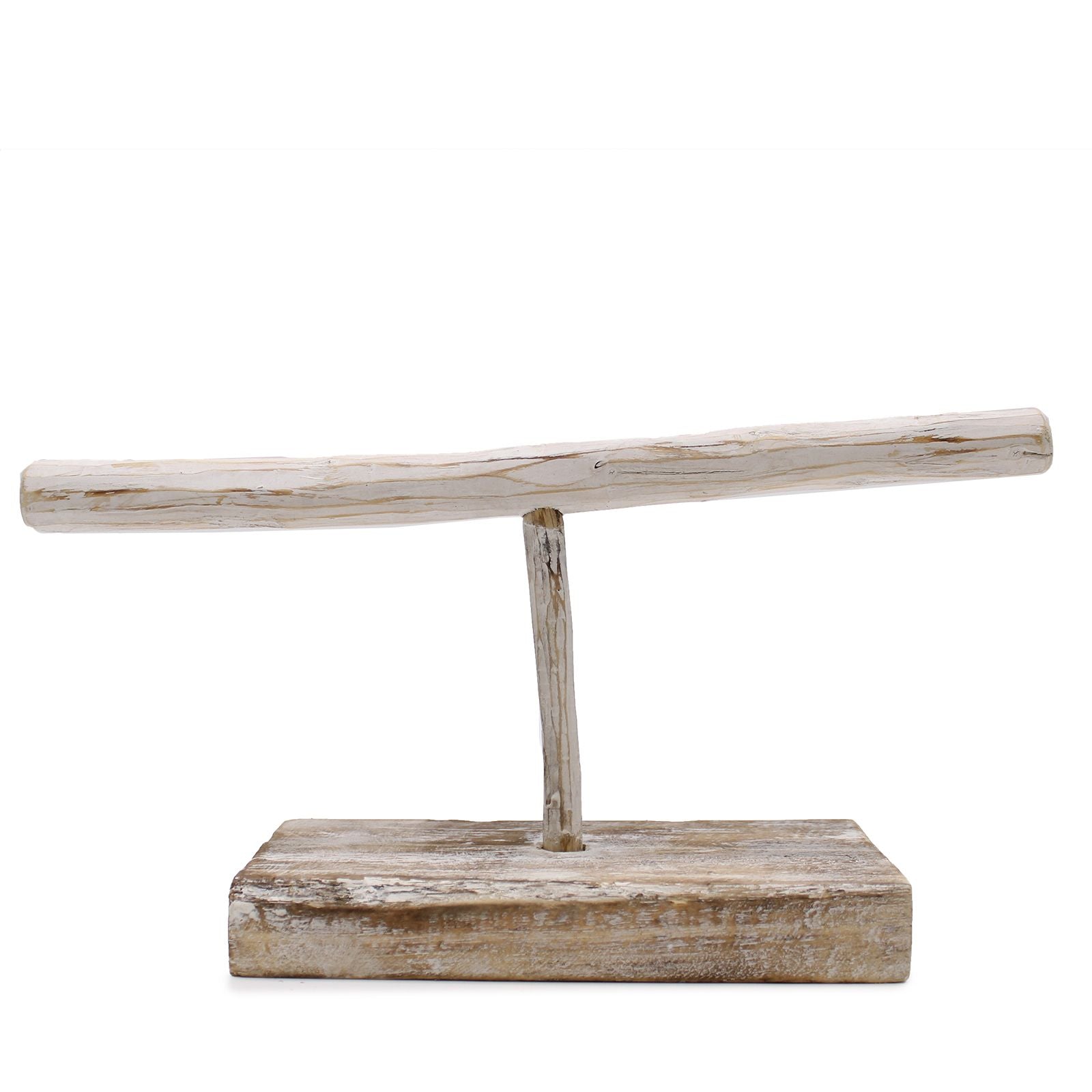Albasia Wood Jewelry Stand – Whitewash 32 CM, rustic whitewashed wooden T-bar jewelry display stand with rectangular base