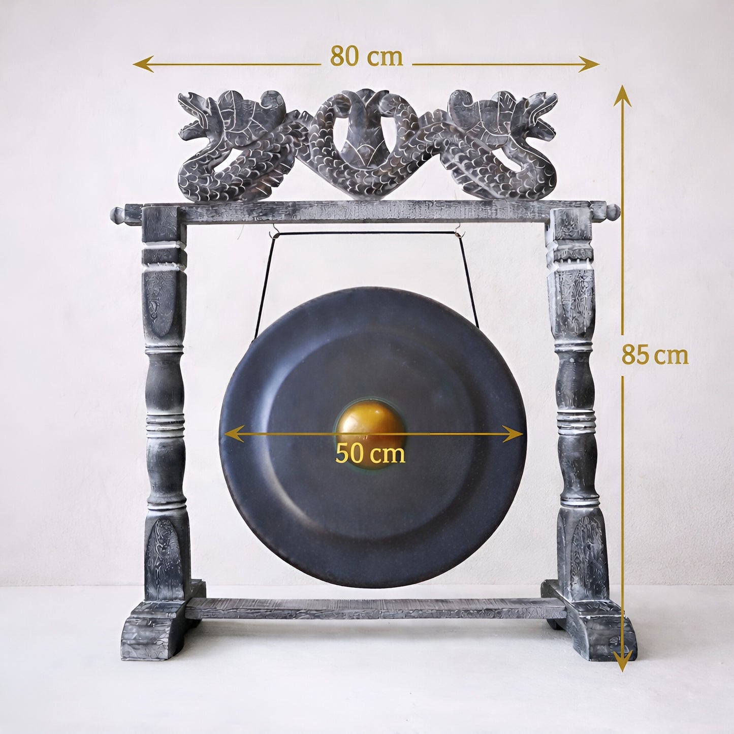 Albasia-Holz Mittelgroßer Gongständer – 50CM Schwarz handgefertigter balinesischer schwarzer Gongständer-Rahmen mit hängendem Gong, 80 cm breit, 85 cm hoch