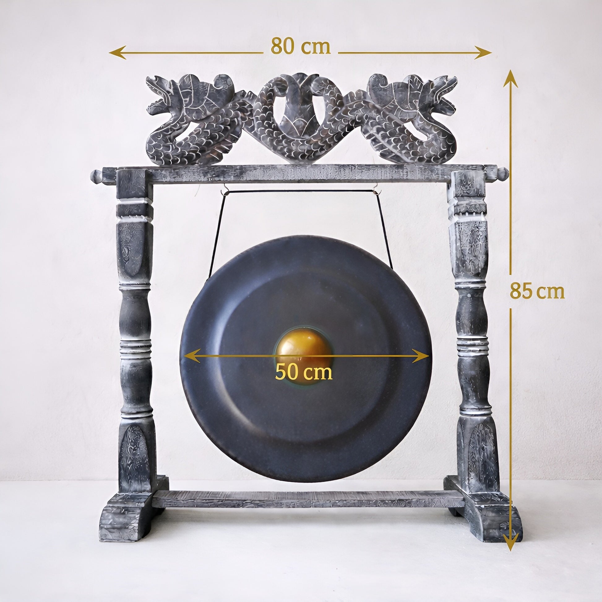 Albasia-Holz Mittelgroßer Gongständer – 50CM Schwarz handgefertigter balinesischer schwarzer Gongständer-Rahmen mit hängendem Gong, 80 cm breit, 85 cm hoch