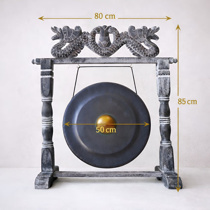 Albasia-Holz Mittelgroßer Gongständer – 50CM Schwarz handgefertigter balinesischer schwarzer Gongständer-Rahmen mit hängendem Gong, 80 cm breit, 85 cm hoch