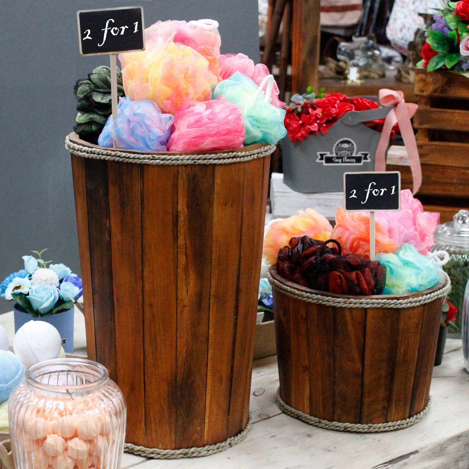 Alt Tag: Albasia Wood Nautical Display Tub – 21x29 CM rustic wooden retail display tub with rope trim holding colorful bath loofahs