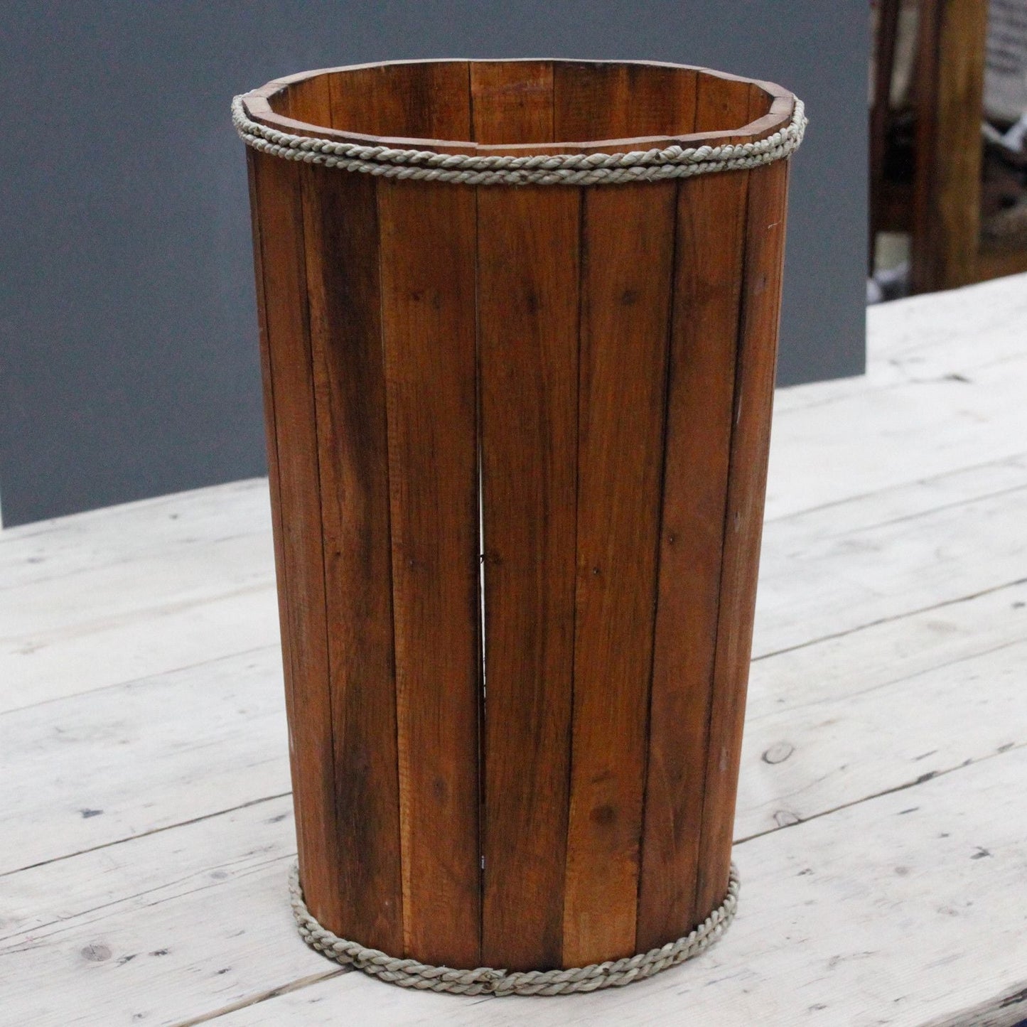 Alt Tag: Albasia Wood Nautical Display Tub – 45x32CM, wooden retail display tub with rope trim and coastal nautical style