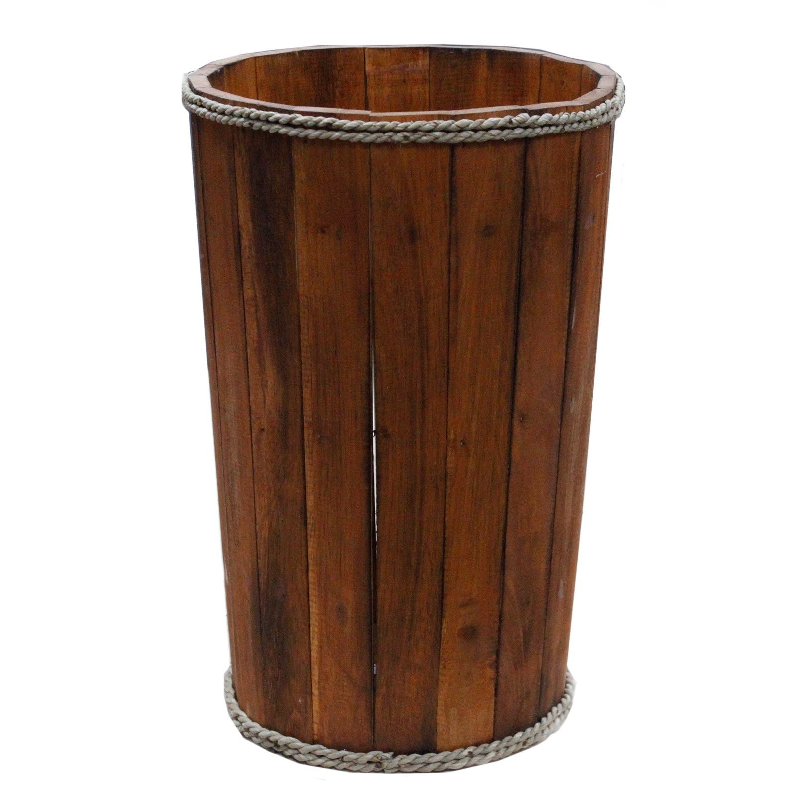 Alt Tag: Albasia Wood Nautical Display Tub – 45x32CM, display tub de madera con acabado marrón y borde de cuerda estilo náutico