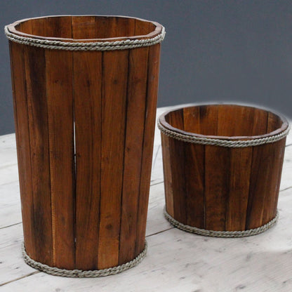 Albasia Wood Nautical Display Tub – 45x32CM, wooden nautical display tub with rope trim, brown wood slat finish