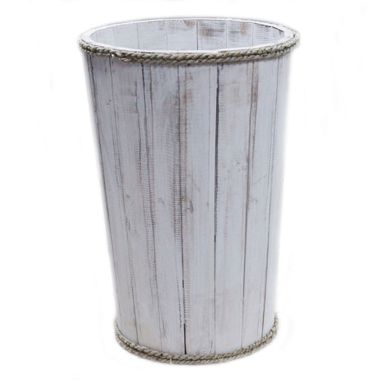 Alt Tag: Albasia Wood Nautical Display Tub – 45x32 CM whitewashed wooden display tub with rope trim for coastal retail decor