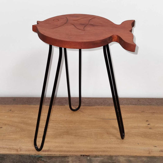 Alt Tag: Albasia Wood Plant Stand – Terracotta, artisanal wood top with terracotta finish and black metal hairpin legs