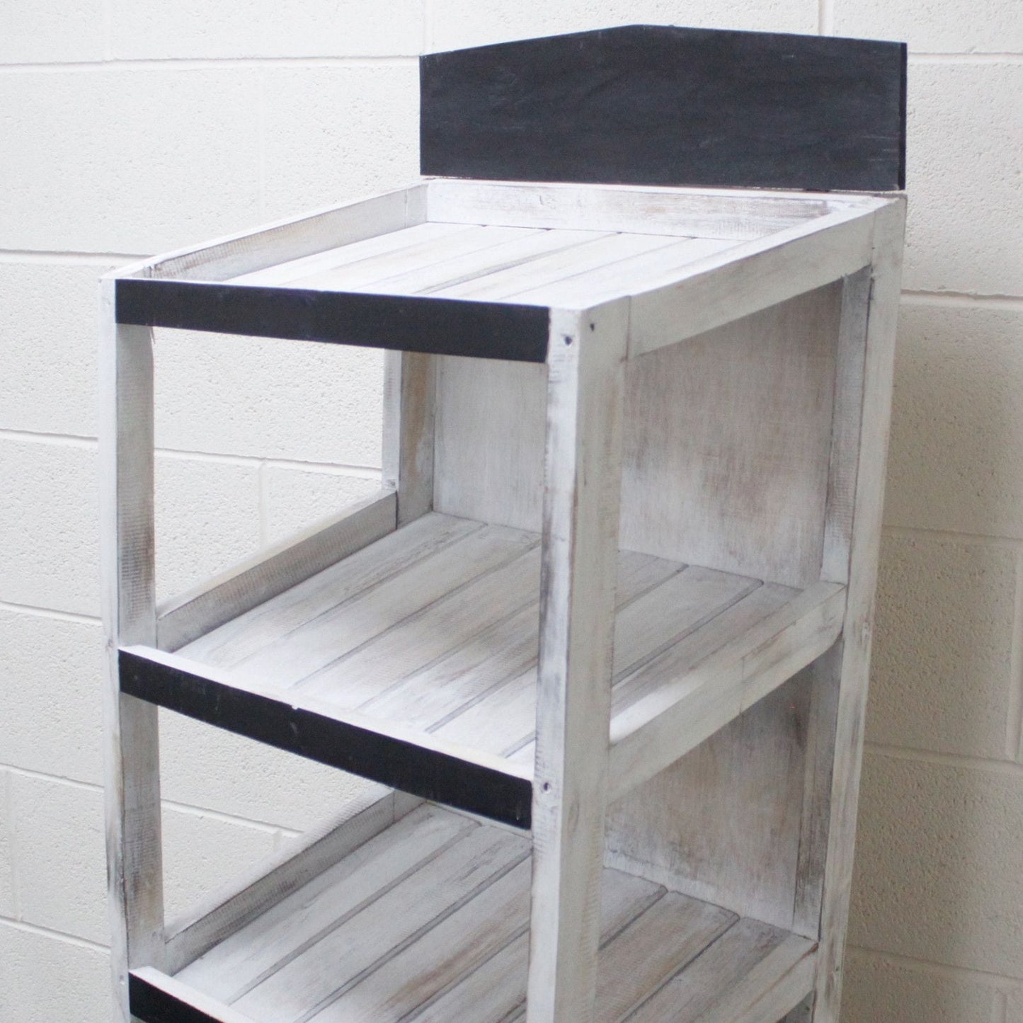 Albasia Wood Retail Display Stand – 5 Shelves whitewashed wooden retail display unit with open shelves and back panel