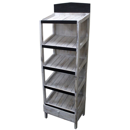 Alt Tag: Albasia Wood Retail Display Stand – 5 Shelves, wooden retail display rack with five shelves and top header panel