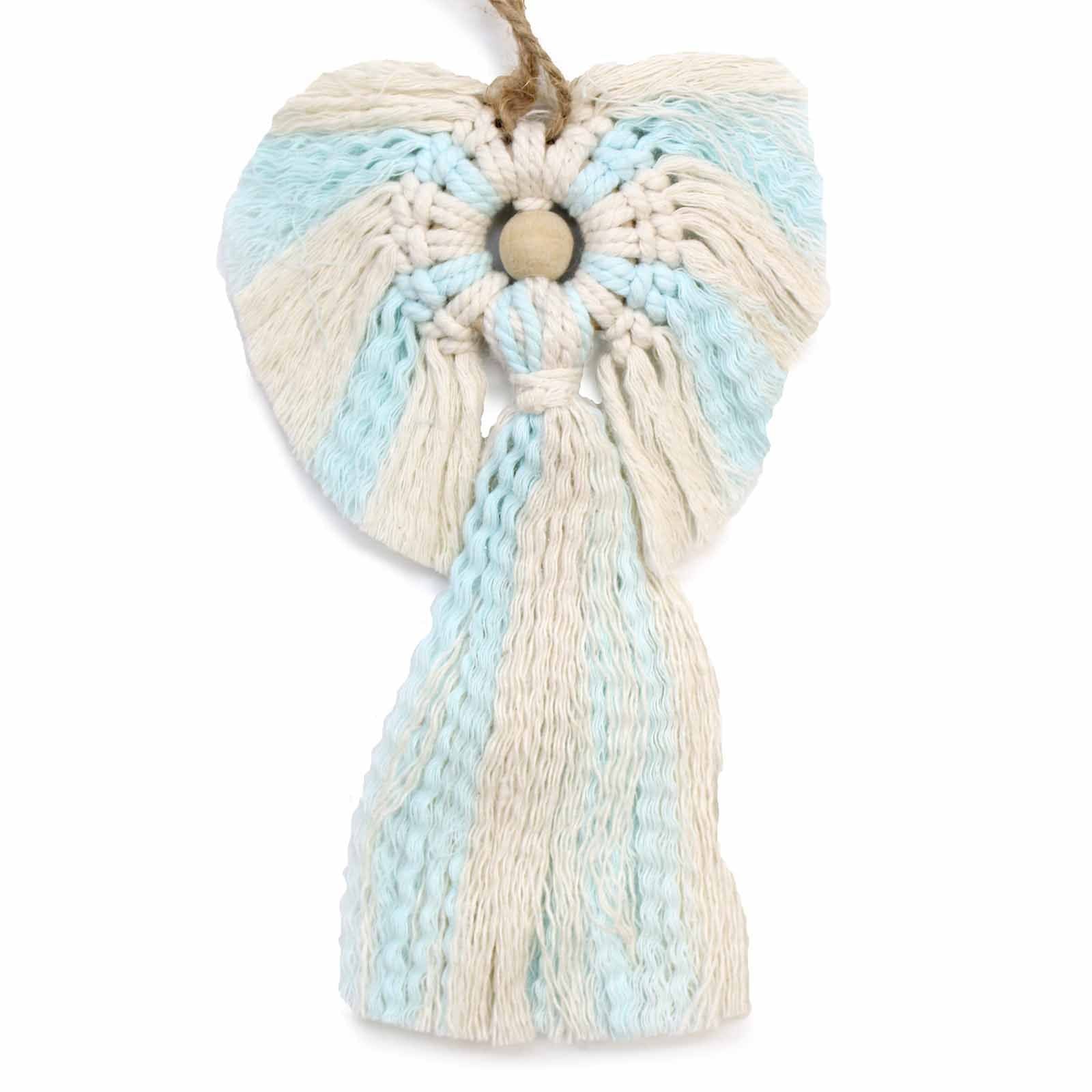 Ángel de la Guarda de algodón – Niño Macramé colgante de pared de ángel de macramé de algodón 22x14 CM en crema y azul claro, decoración artesanal