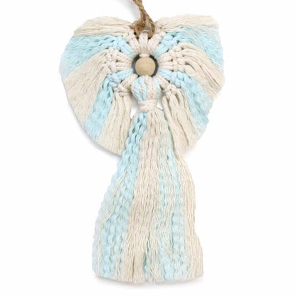 Ángel de la Guarda de algodón – Niño Macramé colgante de pared de ángel de macramé de algodón 22x14 CM en crema y azul claro, decoración artesanal