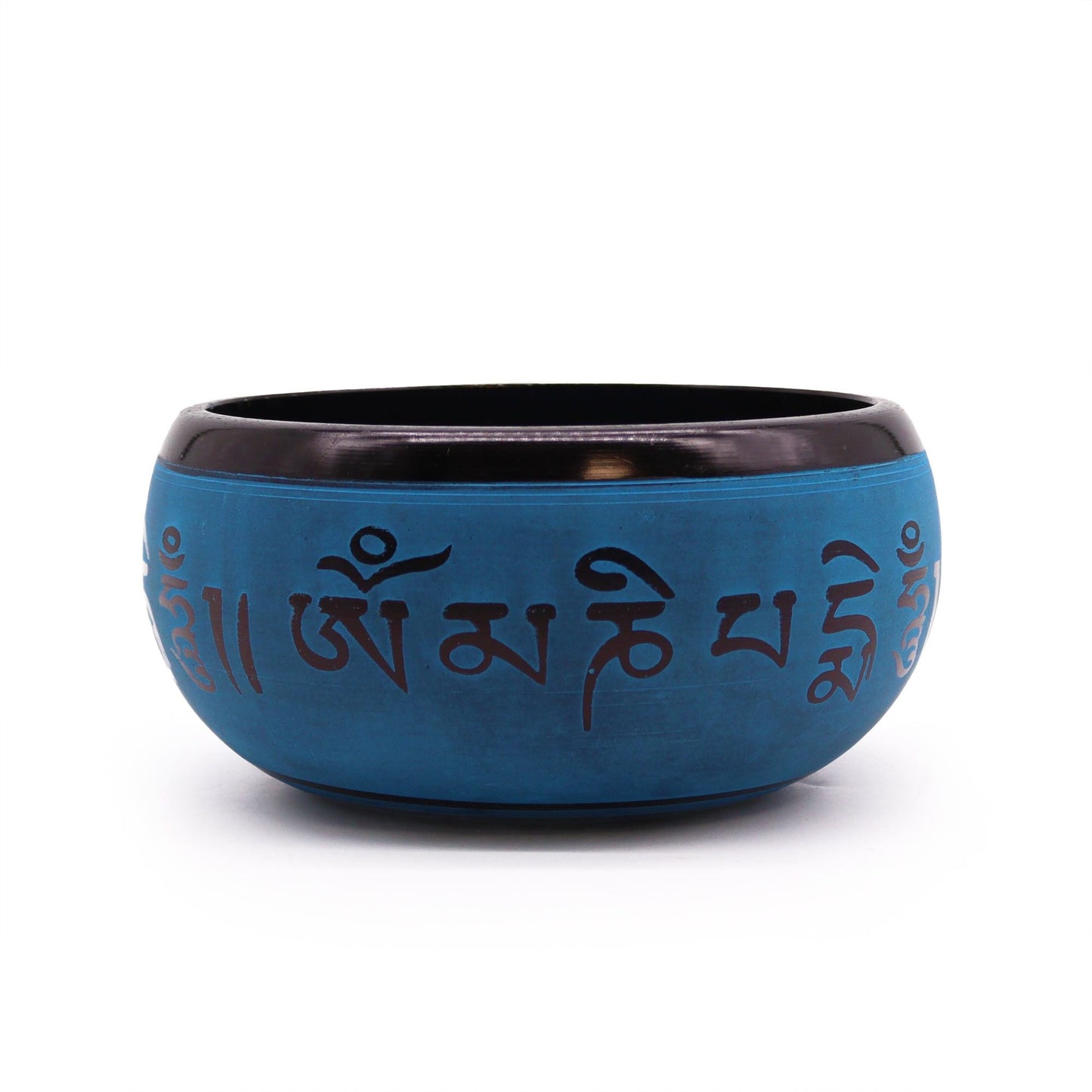 Aluminium Tibetan Singing Bowl – Blue Mantra 16CM blue aluminium Tibetan singing bowl with mantra design, 16 cm