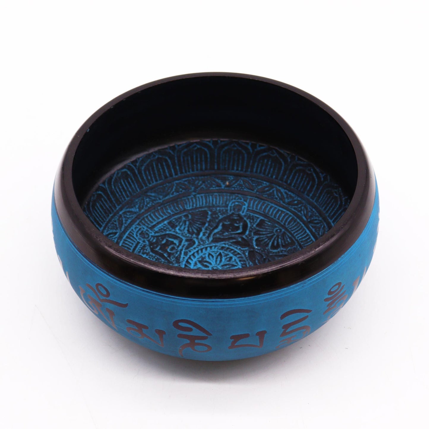Alt Tag: Aluminium Tibetan Singing Bowl – Blue Mantra 16CM, cuenco tibetano de aluminio azul con símbolos mantra y diseño interior de cinco budas