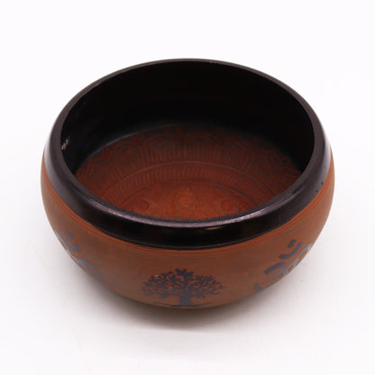 Aluminium Tibetan Singing Bowl – Clay Om Buddha 16CM, cuenco de aluminio 16 cm con acabado marrón y negro y grabado interior