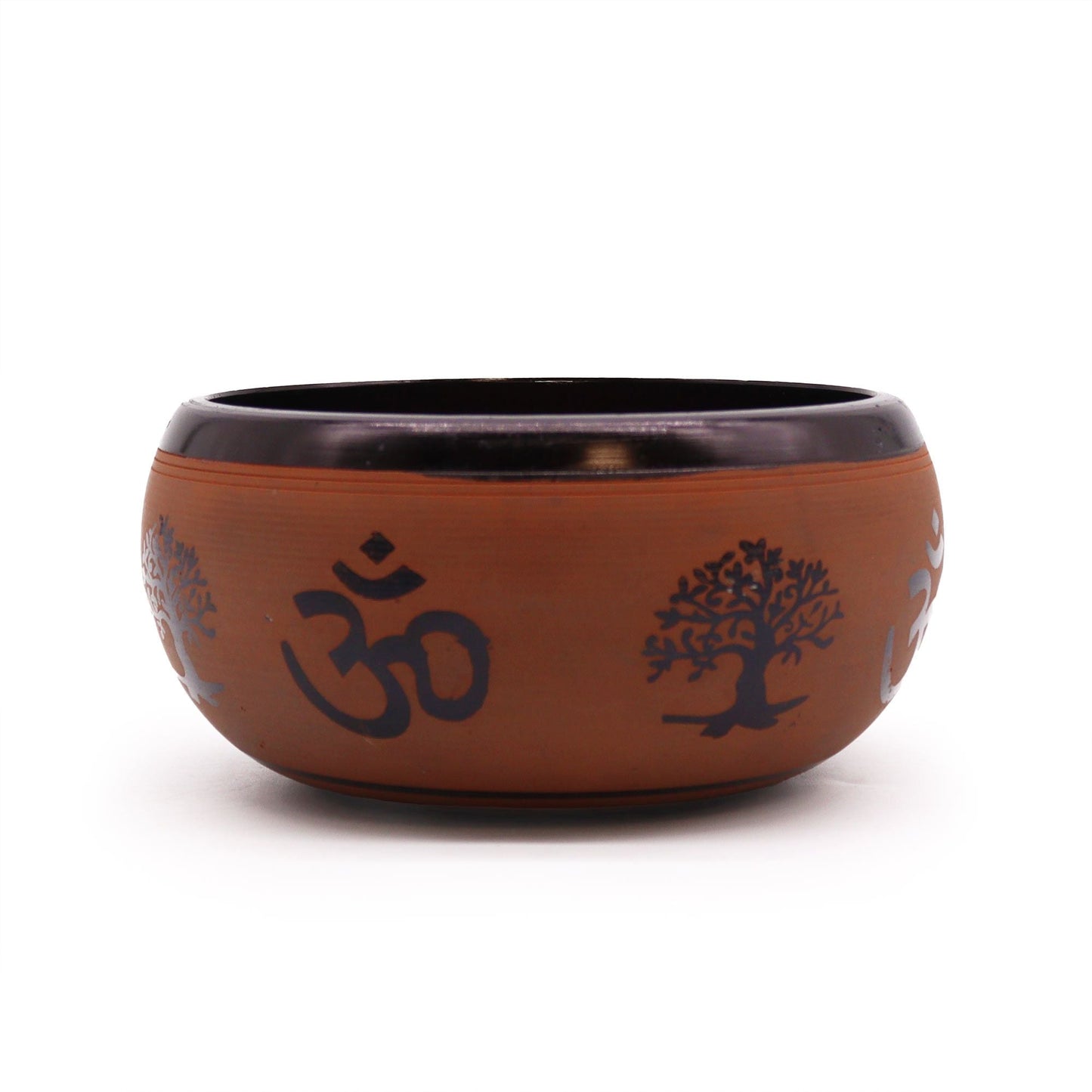 Aluminium Tibetan Singing Bowl – Clay Om Buddha 16CM, cuenco de aluminio 16 cm con símbolo Om y diseño Buddha, vista frontal