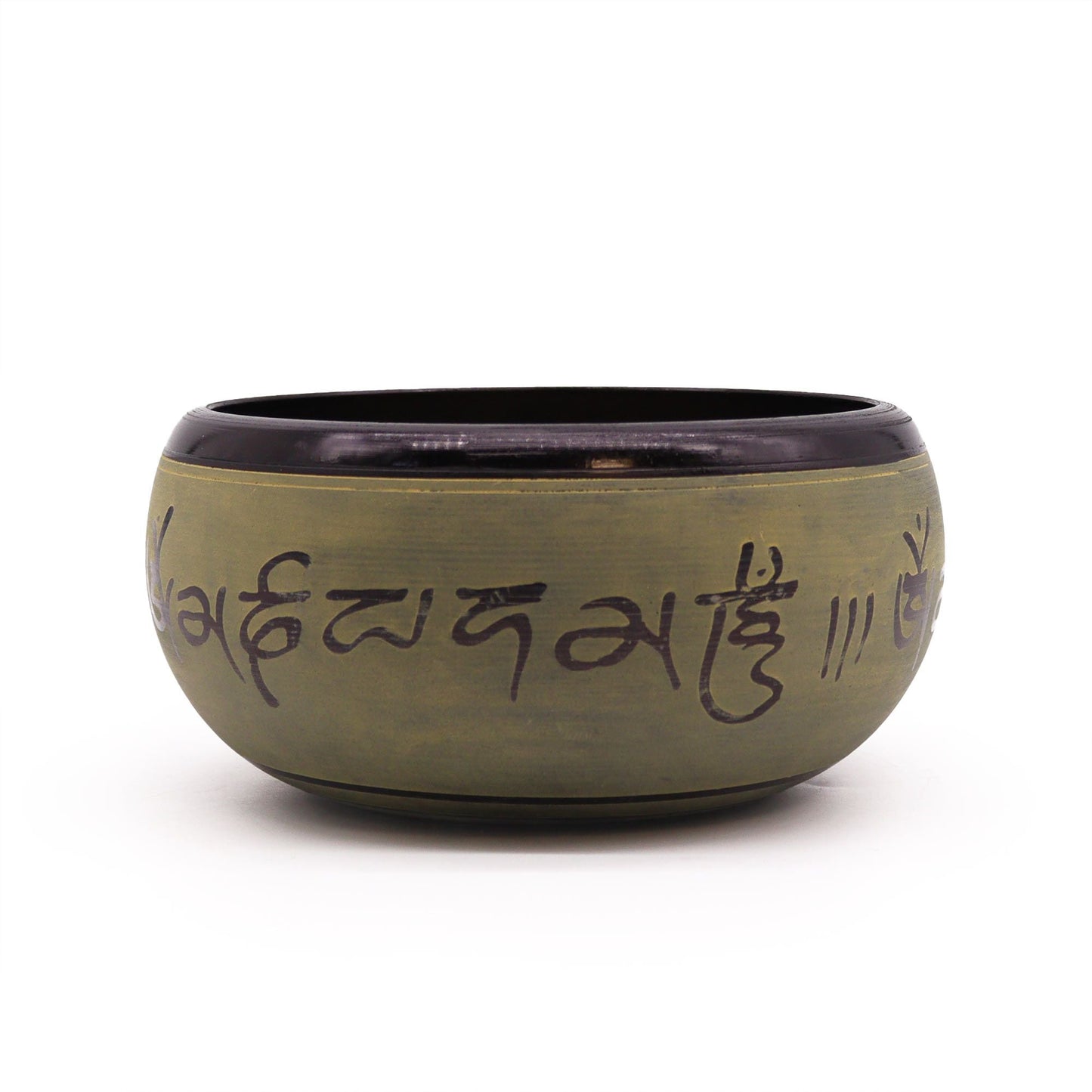 Cuenco tibetano de aluminio – Mantra Five Buddha 16CM, cuenco tibetano de aluminio de 16 cm con grabado de mantra, vista frontal