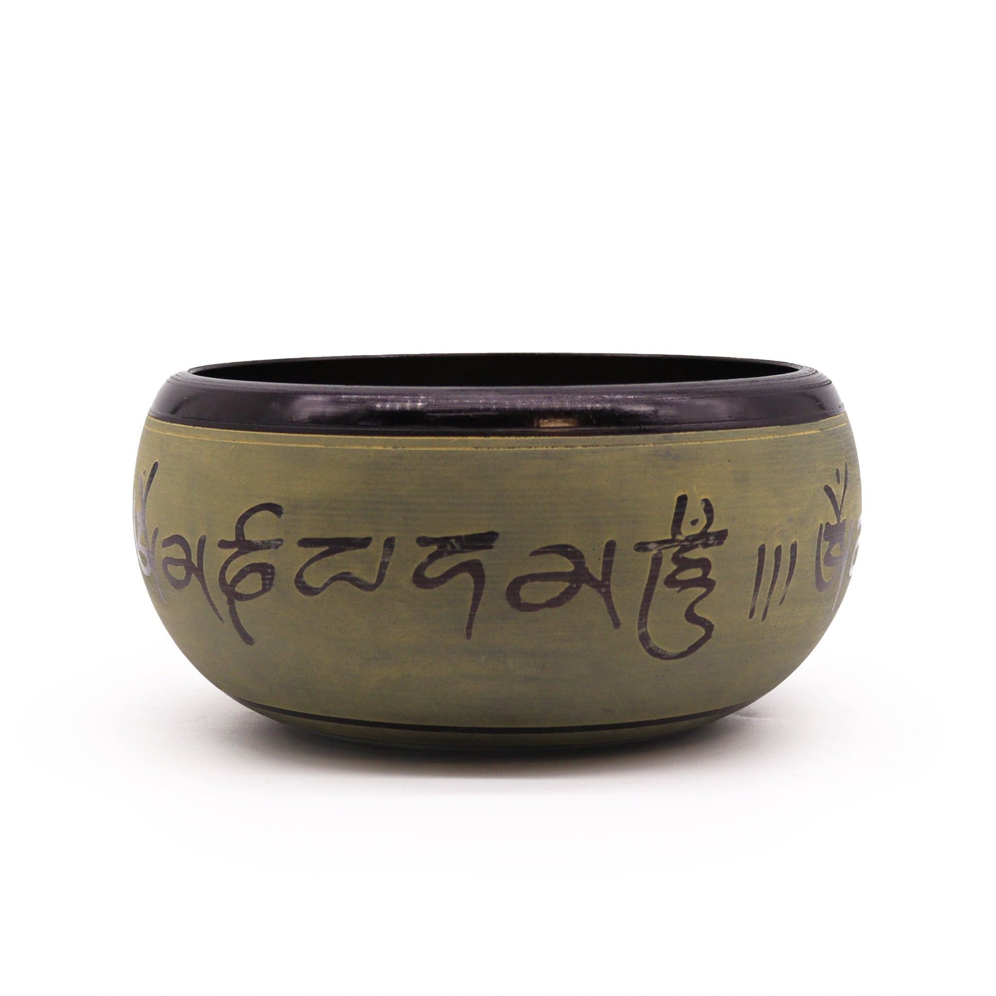 Cuenco tibetano de aluminio – Mantra Five Buddha 16CM, cuenco tibetano de aluminio de 16 cm con grabado de mantra, vista frontal
