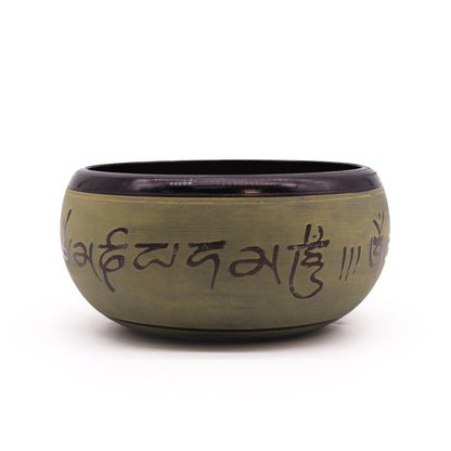 Cuenco tibetano de aluminio – Mantra Five Buddha 16CM, cuenco tibetano de aluminio de 16 cm con grabado de mantra, vista frontal
