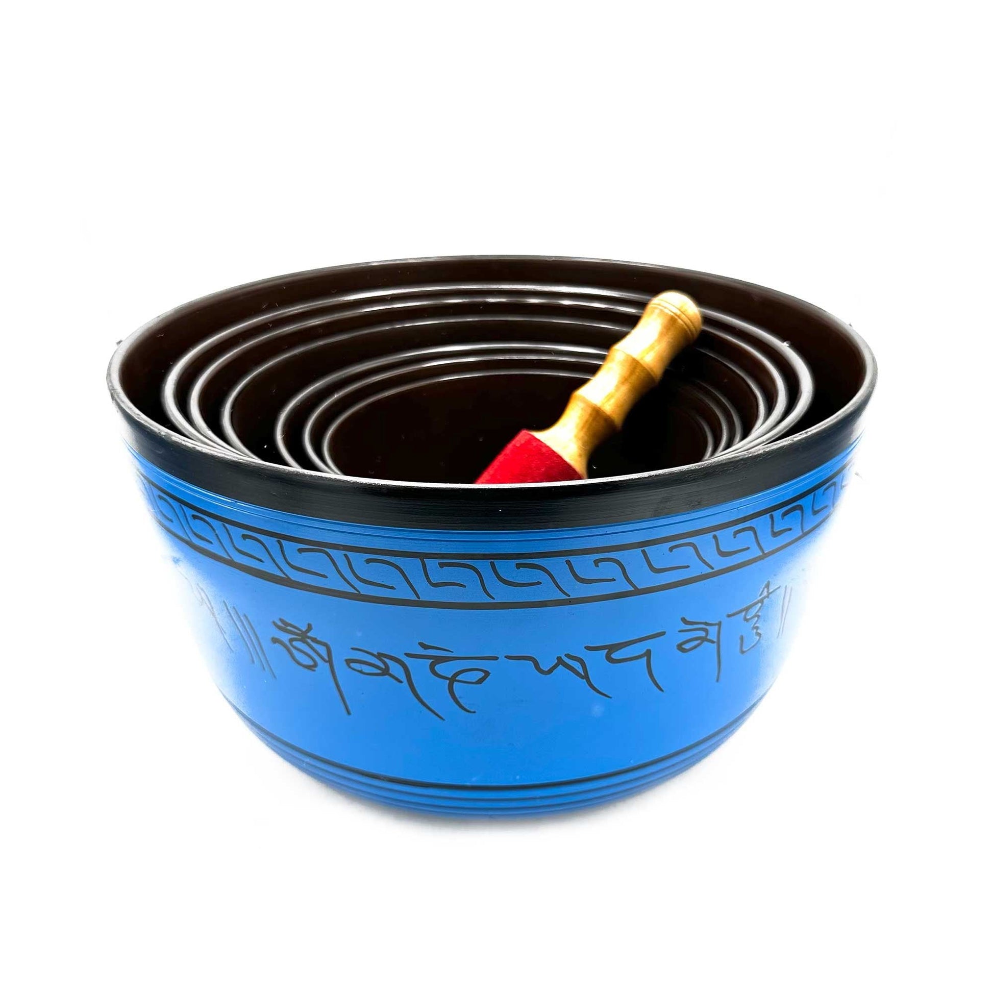 Set med tibetanska klangskålar i aluminium – 14–22CM, stapelbara tibetanska klangskålar i aluminium med klubba, blå färg