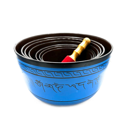 Set med tibetanska klangskålar i aluminium – 14–22CM, stapelbara tibetanska klangskålar i aluminium med klubba, blå färg