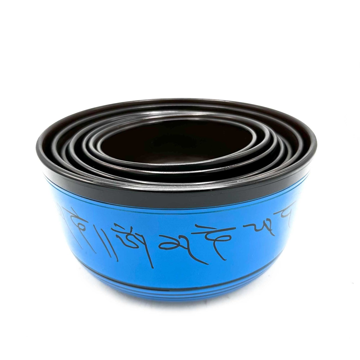 Aluminium-Set tibetischer Klangschalen – 14–22CM, gestapelte blaue tibetische Aluminium-Klangschalen mit Gravur, 14 bis 22 cm