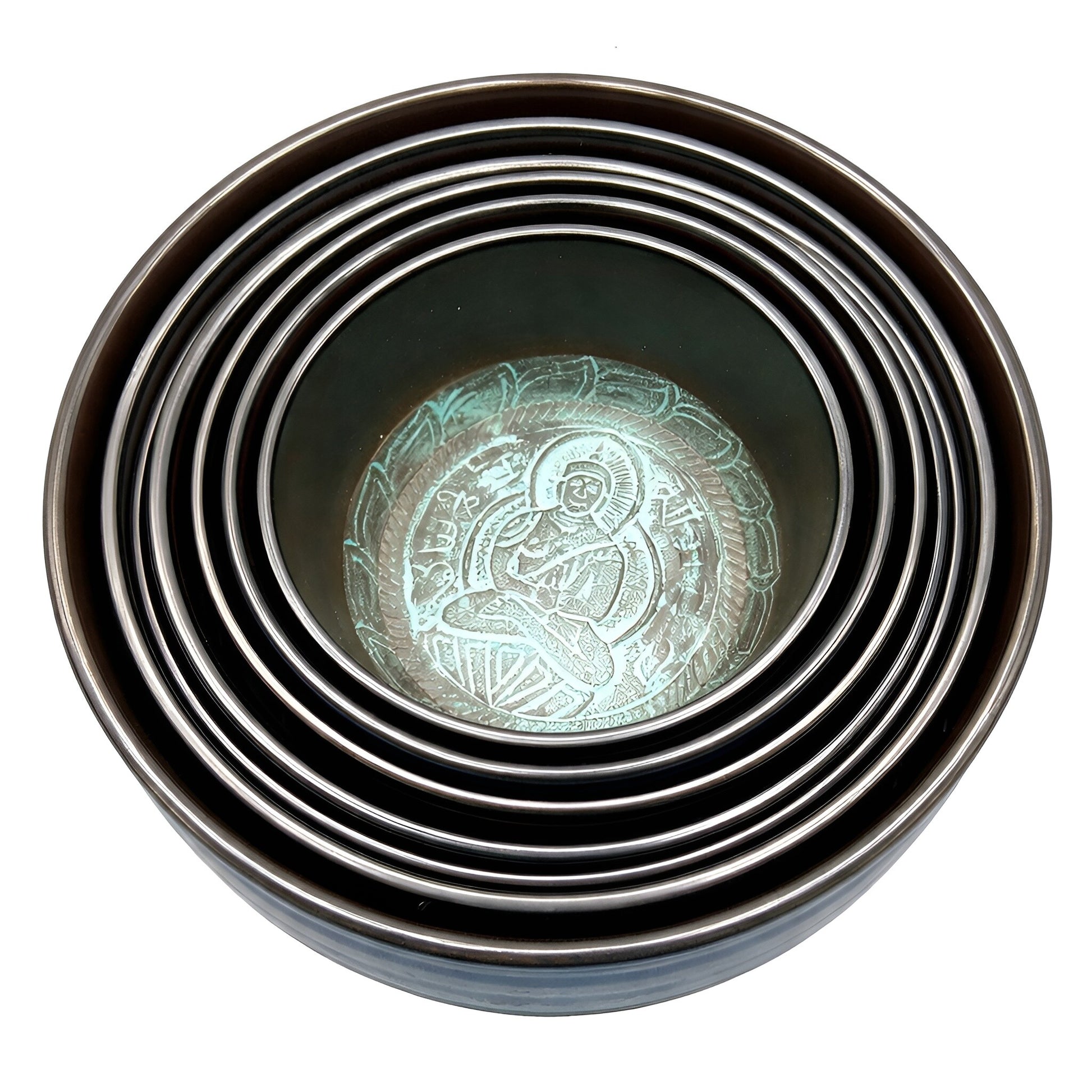 Set med tibetanska klangskålar i aluminium – 19.5–35CM, stapelbara tibetanska aluminiumskålar med invändig gravyr