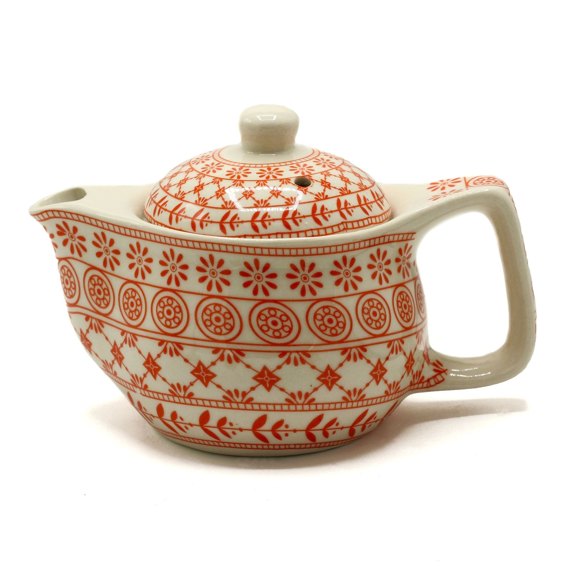 Alt Tag: Amber Ceramic Herbal Teapot – 350ML ceramic teapot with red floral pattern, lid and handle, featuring metal strainer for loose-leaf tea