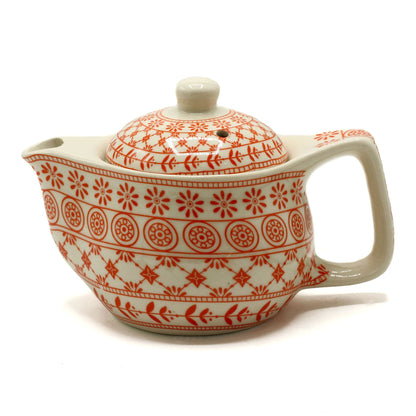 Alt Tag: Amber Ceramic Herbal Teapot – 350ML ceramic teapot with red floral pattern, lid and handle, featuring metal strainer for loose-leaf tea