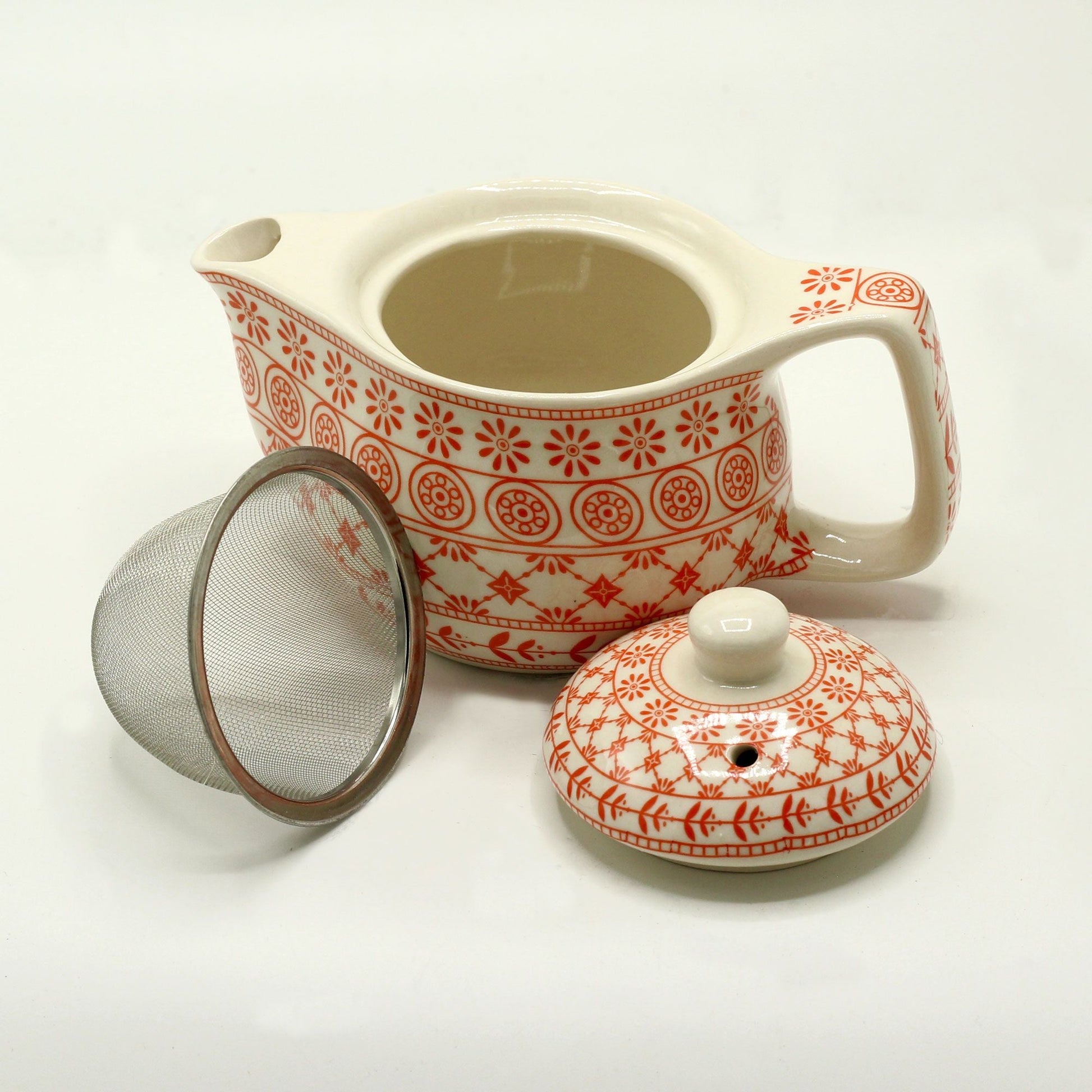 Amber Ceramic Herbal Teapot – 350ML with metal strainer, cream ceramic teapot with red pattern, lid and infuser