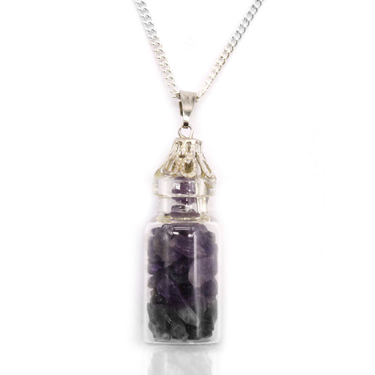 Alt Tag: Amethyst Bottled Gemstones Necklace – Natural Stone, glass vial pendant with natural amethyst chips on silver chain