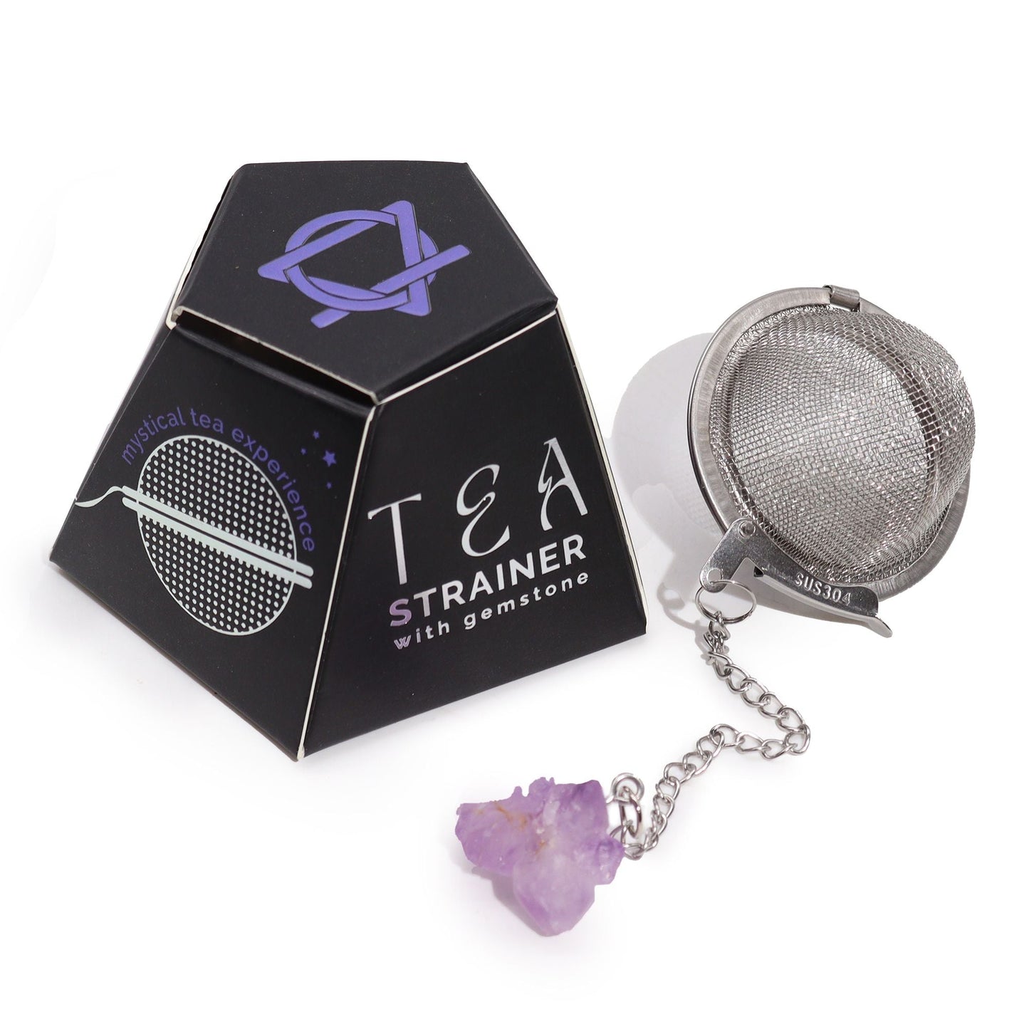 Amethyst Crystal Tea Strainer – 7.5x5 CM stainless steel tea infuser with amethyst gemstone charm and chain, shown with product box