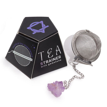 Amethyst Crystal Tea Strainer – 7.5x5 CM stainless steel tea infuser with amethyst gemstone charm and chain, shown with product box