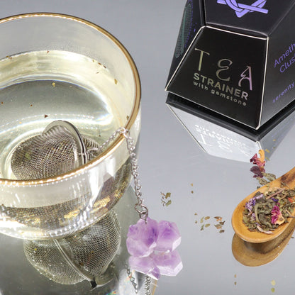 Amethyst Crystal Tea Strainer – 7.5x5 CM infusor de té de malla con colgante de amatista en taza y caja de producto
