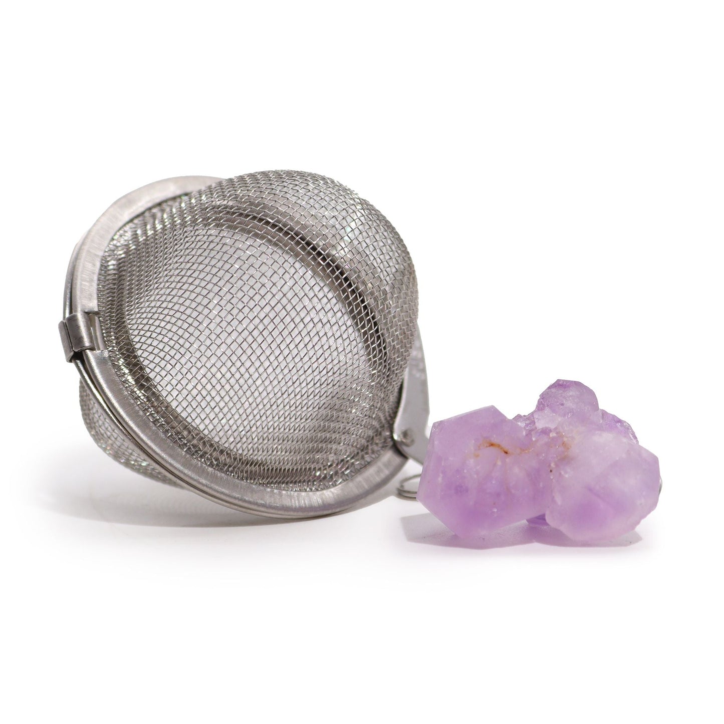 Amethyst Crystal Tea Strainer – 7.5x5 CM with stainless steel mesh infuser and purple amethyst crystal accent on white background