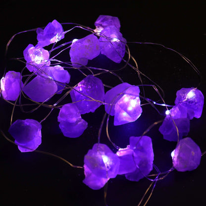 Alt Tag: Amethyst Gemstone Enchantment Lights – Decorative String with genuine amethyst stones and warm LED fairy lights on dark background