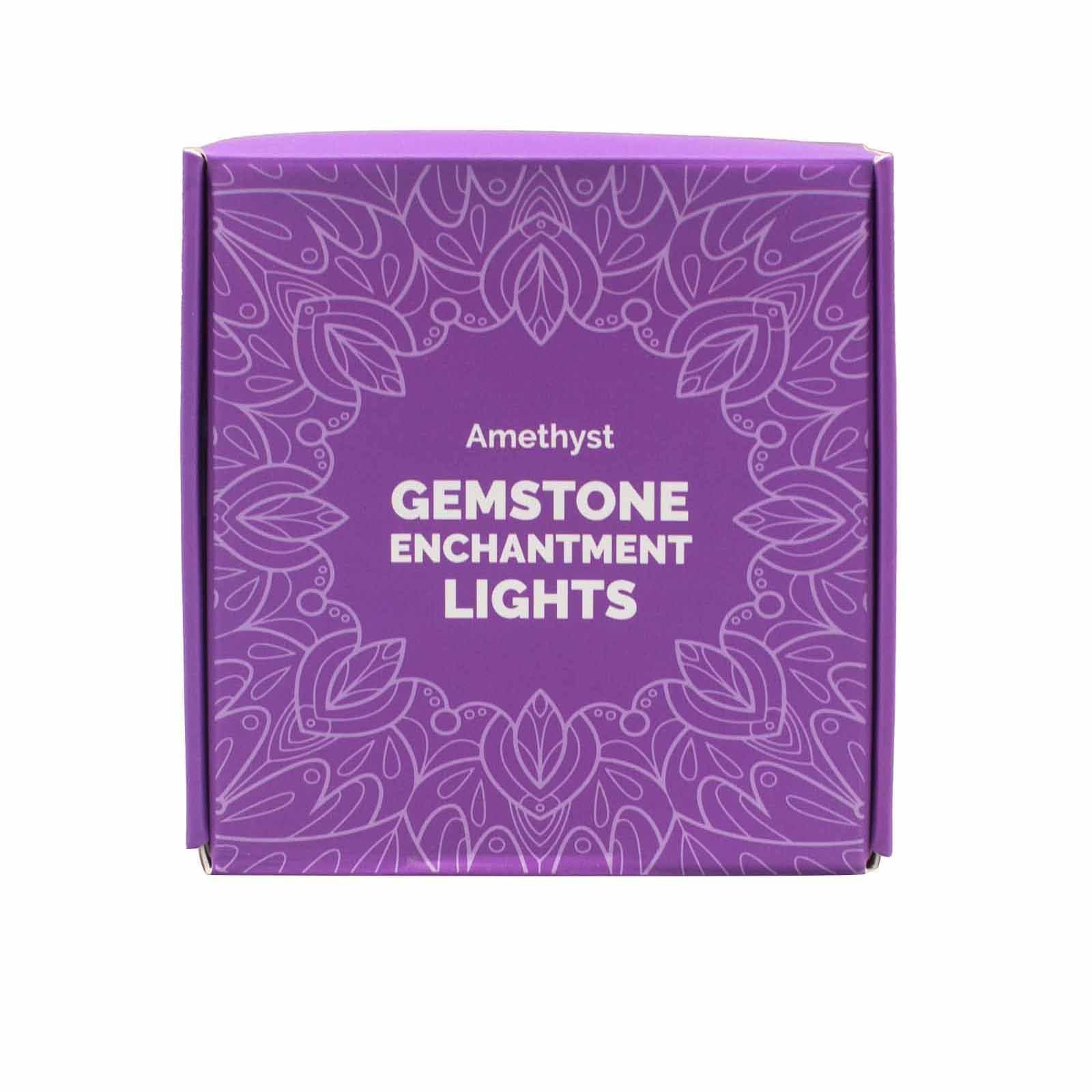 Alt Tag: Amethyst Gemstone Enchantment Lights – Decorative String purple product box with floral pattern and “Amethyst Gemstone Enchantment Lights” text