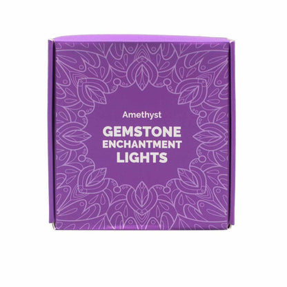 Alt Tag: Amethyst Gemstone Enchantment Lights – Decorative String purple product box with floral pattern and “Amethyst Gemstone Enchantment Lights” text
